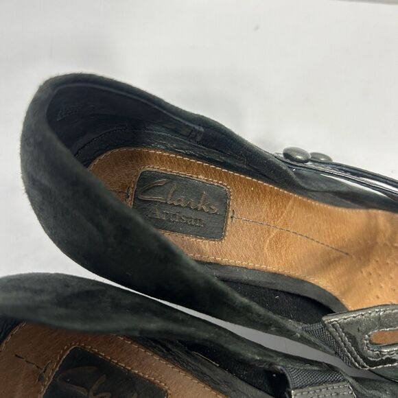 Clarks Diamond Suede Patent Leather Black Double Strap Mary Jane Heels Size 10M - Picture 5 of 7